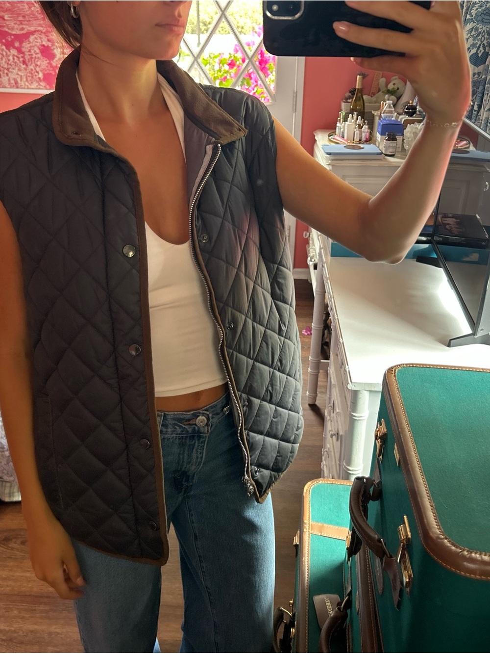 Peter Millar Quilted Sleeveless Vest in Charcoal with Brown Trim